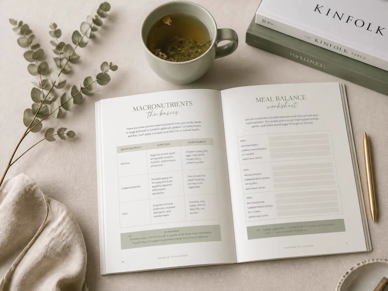 A wellness coach's desk with printed nutrition worksheets, herbal tea and eucalyptus